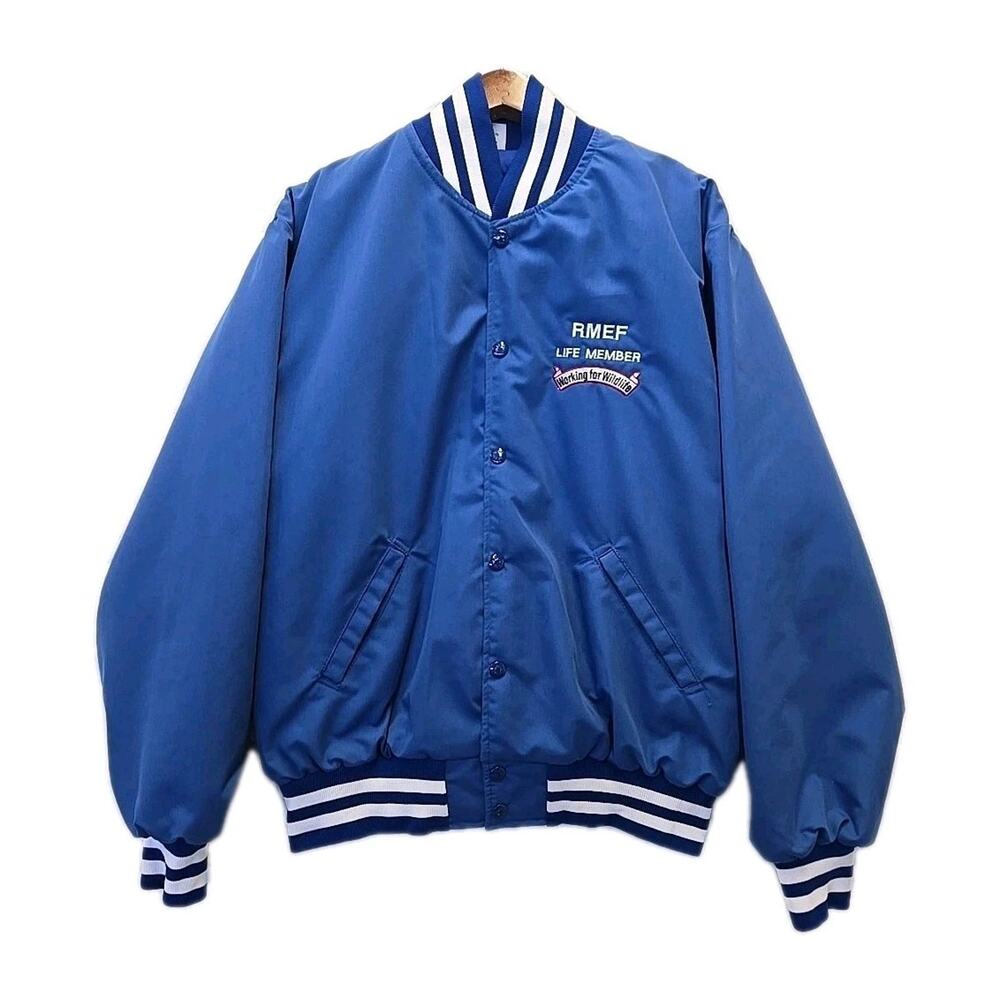 Vtg Birdie Mens Rocky Mountain Elk Foundation Bomber Jacket Sz L Blue USA Made